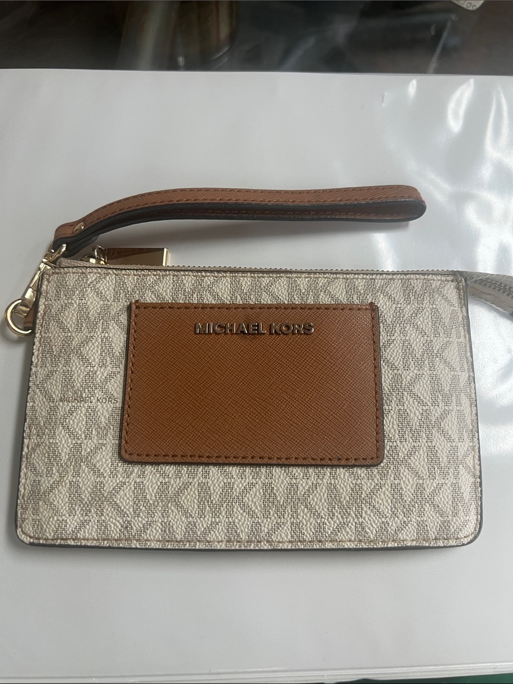 Michael Kors Beige Monogram Wristlet with Brown Leather Card Pocket